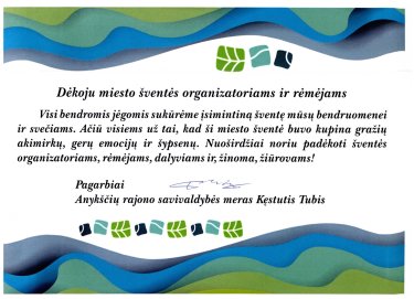 Anykščių r. savivaldybės mero padėka miesto šventės organizatoriams ir rėmėjams