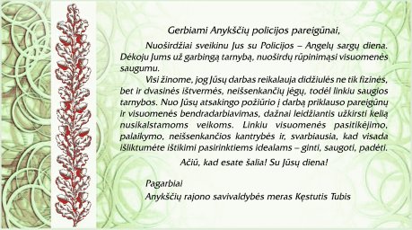 Mero sveikinimas Policijos (Angelų sargų) dienos proga