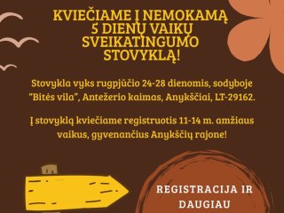 KVIEČIAME Į NEMOKAMĄ 5 DIENŲ VAIKŲ SVEIKATINGUMO STOVYKLĄ!