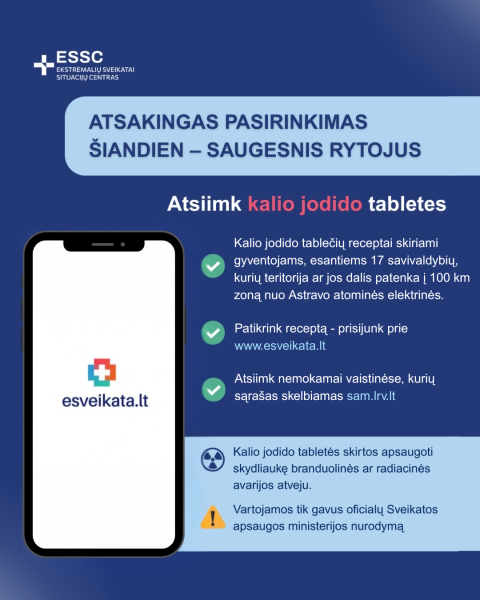Gyventojams primenama apie periodiškai išrašomus kalio jodido tablečių receptus