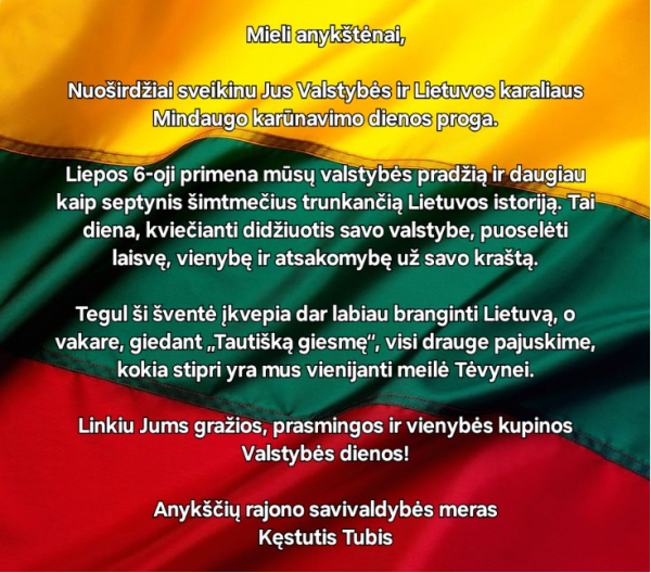Mero sveikinimas Valstybės dienos proga